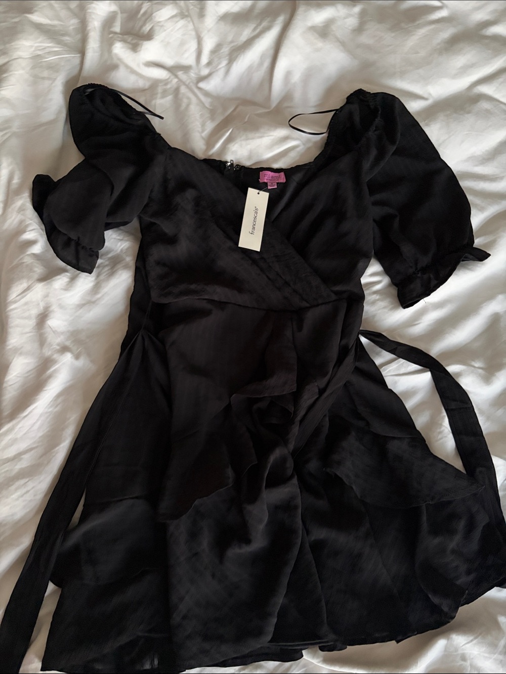 NWT Francesca’s Black Wrap Dress with Puff Sleeves Size S